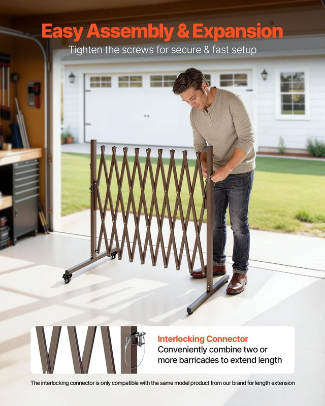 Alt view image 5 of 8 - VEVOR Expandable Barricade, 10FT Expandable Safety Barrier, Flexible Mobile Barricade with Locking Casters, Portable Folding Security Gate Metal Traffic Fence for Patio Garden Stairway