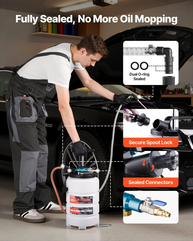 Alt view image 2 of 8 - VEVOR Fluid Extractor, 9.5 L Capacity, Pneumatic/Manual Vacuum Oil Extractor Pump with 59 in Long Horse & Three 47 in Extension Tubes, Oil Change Pump with PE Tank for Cars, Lawn Mowers, Boats
