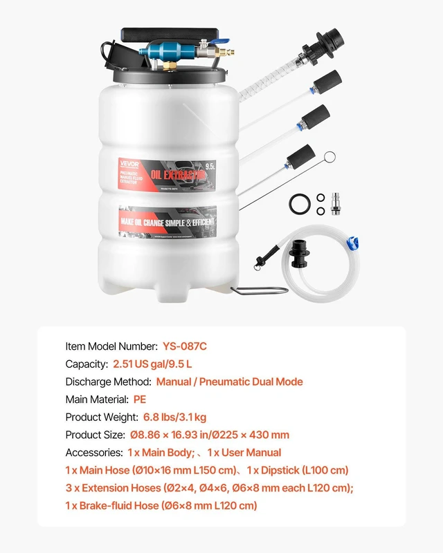 Alt view image 7 of 8 - VEVOR Fluid Extractor, 9.5 L Capacity, Pneumatic/Manual Vacuum Oil Extractor Pump with 59 in Long Horse & Three 47 in Extension Tubes, Oil Change Pump with PE Tank for Cars, Lawn Mowers, Boats