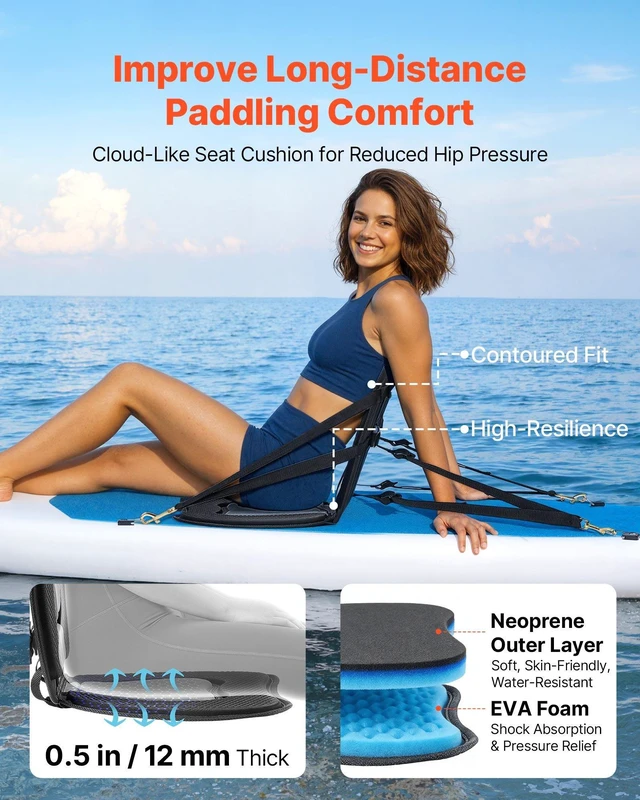 Alt view image 2 of 8 - VEVOR Kayak Seat, 1 Pack 0.5" Thick, Universal Paddle Board Seat with Back Support, Sit-on-Top Soft Padded Cushion with Storage Bag & Adjustable Straps for SUP, Canoe, Fishing Boat, Inflatable Kayak