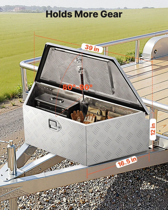 Alt view image 2 of 8 - VEVOR Trailer Tongue Box, 39" x 16.5" x 12" Aluminum Trailer Tongue Tool Box, Heavy Duty Storage Organizer with Lock & Keys, Utility Tool Chest for Pickup Truck Bed, RV, SUV, Off-Road Vehicle, Silver