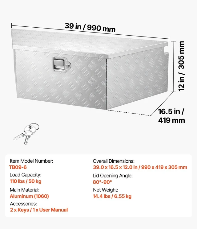 Alt view image 7 of 8 - VEVOR Trailer Tongue Box, 39" x 16.5" x 12" Aluminum Trailer Tongue Tool Box, Heavy Duty Storage Organizer with Lock & Keys, Utility Tool Chest for Pickup Truck Bed, RV, SUV, Off-Road Vehicle, Silver