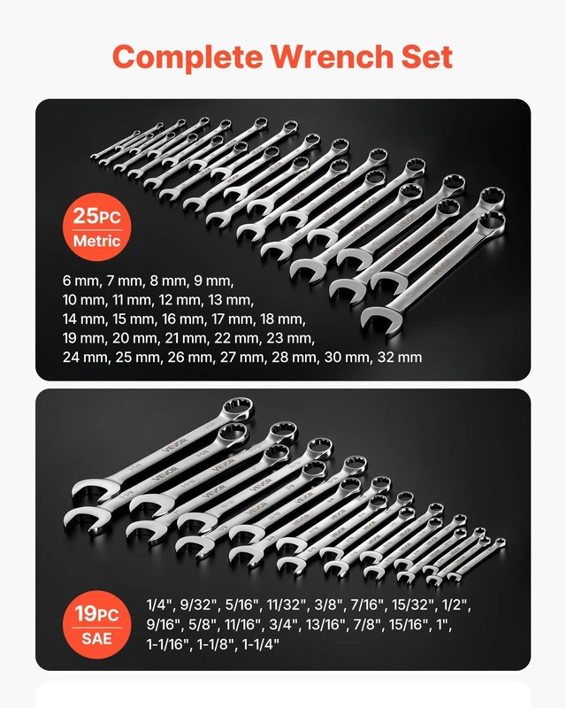 Alt view image 2 of 8 - VEVOR Combination Wrench Set, 44-Piece SAE and Metric, 12-Point Box End and 15° Angled Open End Combination Wrenches with Roll Up Pouch, Carbon Steel, for General Household and Automotive Repairs