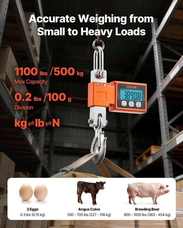 Alt view image 2 of 8 - VEVOR Digital Crane Scale, 1100 lbs/500 kg Max Capacity, Heavy Duty Industrial Hanging Scale with Cast Aluminum Case & LCD Display, 0.2 lbs Division & 3 Unit Switch, Auto-Off Setting for Garage