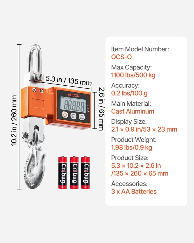 Alt view image 7 of 8 - VEVOR Digital Crane Scale, 1100 lbs/500 kg Max Capacity, Heavy Duty Industrial Hanging Scale with Cast Aluminum Case & LCD Display, 0.2 lbs Division & 3 Unit Switch, Auto-Off Setting for Garage