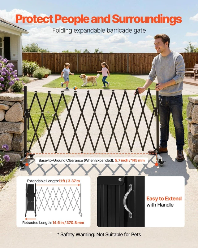Alt view image 3 of 8 - VEVOR Expandable Barricade, 11FT Expandable Safety Barrier, Flexible Mobile Barricade with Locking Casters, Portable Folding Security Gate Metal Traffic Fence for Patio Garden Stairway