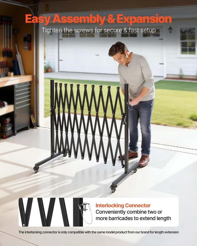 Alt view image 5 of 8 - VEVOR Expandable Barricade, 11FT Expandable Safety Barrier, Flexible Mobile Barricade with Locking Casters, Portable Folding Security Gate Metal Traffic Fence for Patio Garden Stairway