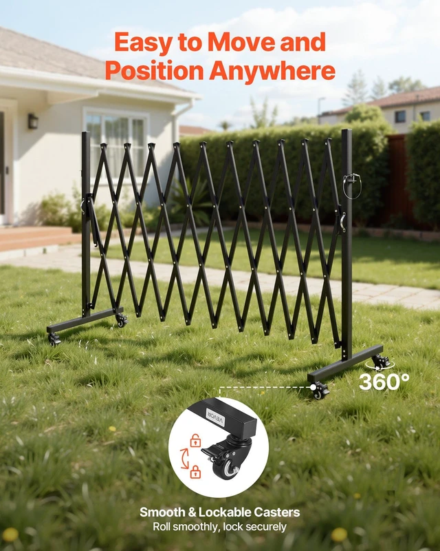 Alt view image 4 of 8 - VEVOR Expandable Barricade, 11FT Expandable Safety Barrier, Flexible Mobile Barricade with Locking Casters, Portable Folding Security Gate Metal Traffic Fence for Patio Garden Stairway