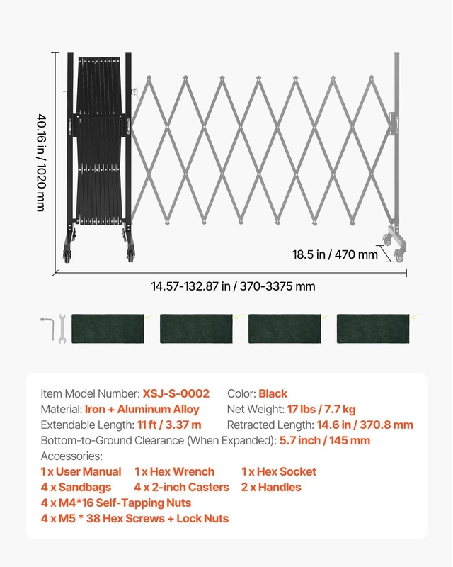 Alt view image 7 of 8 - VEVOR Expandable Barricade, 11FT Expandable Safety Barrier, Flexible Mobile Barricade with Locking Casters, Portable Folding Security Gate Metal Traffic Fence for Patio Garden Stairway