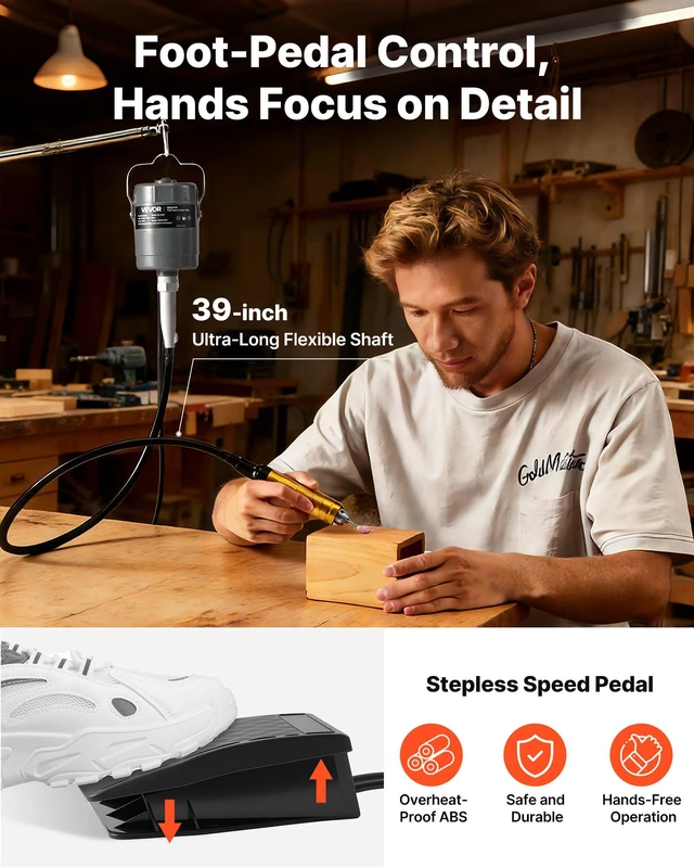 Alt view image 3 of 8 - VEVOR Flex Shaft Grinder, 780W 25000RPM Electric Flex Shaft Rotary Tool, Foot-Pedal Control Hanging Carver Grinder with 112PCS Accessory Kit for Sanding Buffing Polishing Cutting