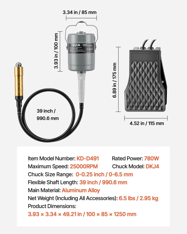 Alt view image 7 of 8 - VEVOR Flex Shaft Grinder, 780W 25000RPM Electric Flex Shaft Rotary Tool, Foot-Pedal Control Hanging Carver Grinder with 112PCS Accessory Kit for Sanding Buffing Polishing Cutting