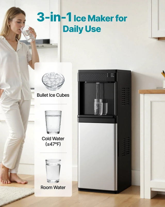 Alt view image 2 of 8 - VEVOR Water Dispenser with Ice Maker, 3-in-1 Floor-Standing Water Dispenser, 33 LBS/24H, 9 Cubes/7 Min Fast Ice Making with 1.3 LBS Storage, Bullet Ice-Cubes & Cold-Water, for Home, Kitchen, Party