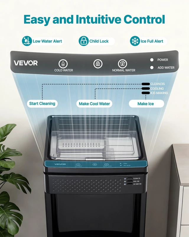 Alt view image 4 of 8 - VEVOR Water Dispenser with Ice Maker, 3-in-1 Floor-Standing Water Dispenser, 33 LBS/24H, 9 Cubes/7 Min Fast Ice Making with 1.3 LBS Storage, Bullet Ice-Cubes & Cold-Water, for Home, Kitchen, Party