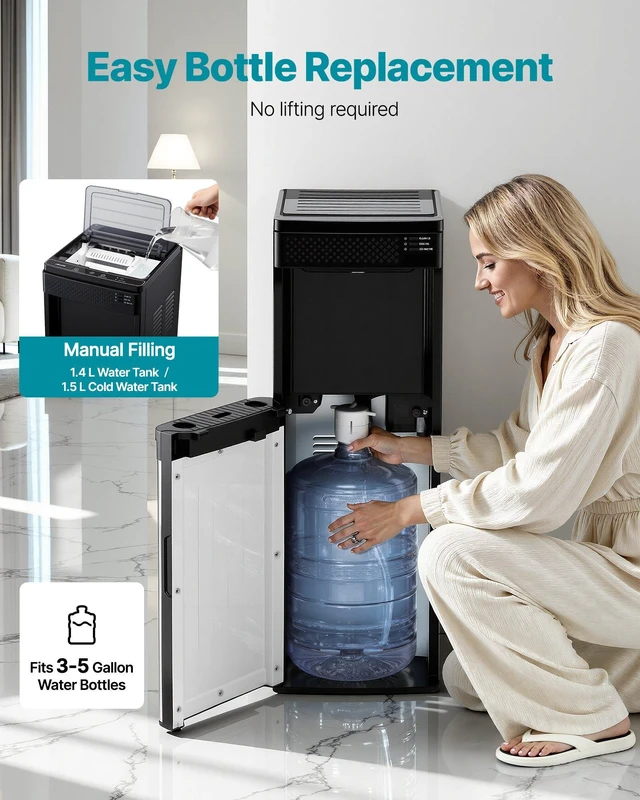 Alt view image 5 of 8 - VEVOR Water Dispenser with Ice Maker, 3-in-1 Floor-Standing Water Dispenser, 33 LBS/24H, 9 Cubes/7 Min Fast Ice Making with 1.3 LBS Storage, Bullet Ice-Cubes & Cold-Water, for Home, Kitchen, Party