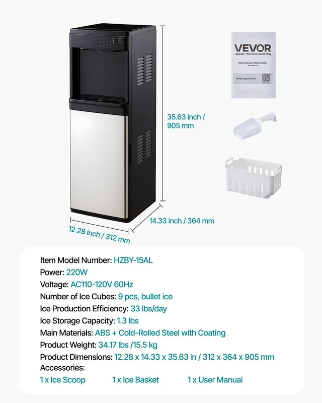 Alt view image 7 of 8 - VEVOR Water Dispenser with Ice Maker, 3-in-1 Floor-Standing Water Dispenser, 33 LBS/24H, 9 Cubes/7 Min Fast Ice Making with 1.3 LBS Storage, Bullet Ice-Cubes & Cold-Water, for Home, Kitchen, Party