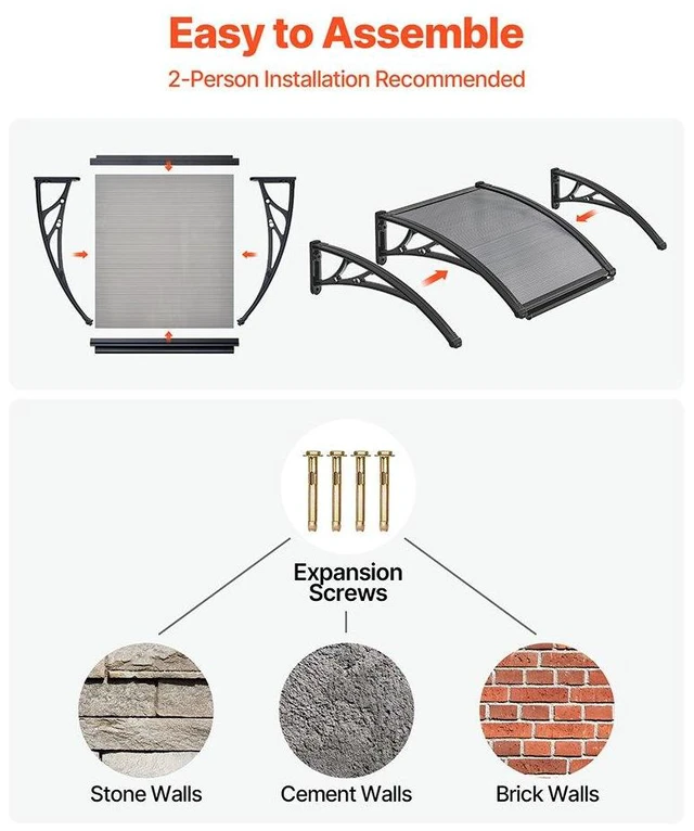 Alt view image 5 of 8 - VEVOR Awnings for Door Entrance, 24 x 24 in, Exterior Front Door Window Awnings with Drainage & ABS Bracket, Rain Snow Sun Protection, Overhang Polycarbonate Door Canopy for Porch Patio, Smoky Gray