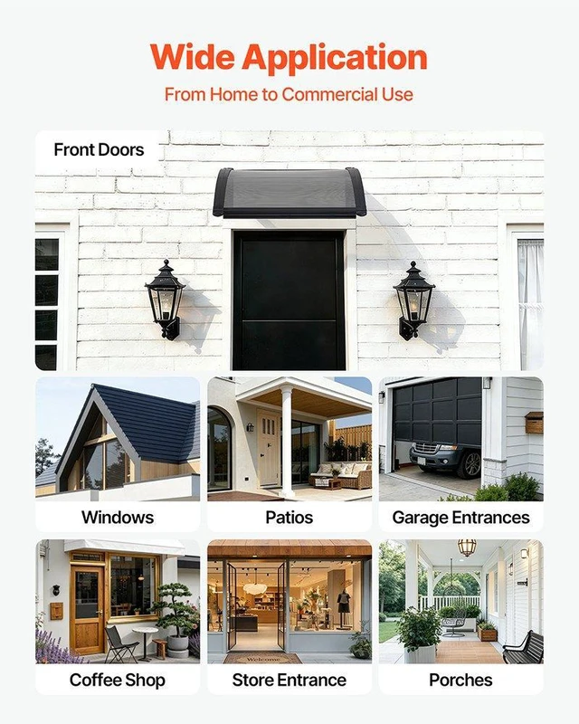 Alt view image 6 of 8 - VEVOR Awnings for Door Entrance, 24 x 24 in, Exterior Front Door Window Awnings with Drainage & ABS Bracket, Rain Snow Sun Protection, Overhang Polycarbonate Door Canopy for Porch Patio, Smoky Gray