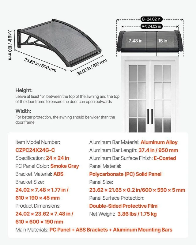 Alt view image 7 of 8 - VEVOR Awnings for Door Entrance, 24 x 24 in, Exterior Front Door Window Awnings with Drainage & ABS Bracket, Rain Snow Sun Protection, Overhang Polycarbonate Door Canopy for Porch Patio, Smoky Gray