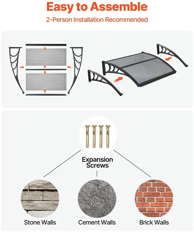 Alt view image 5 of 8 - VEVOR Awnings for Door Entrance, 30 x 39 in, Exterior Front Door Window Awnings with Drainage & ABS Bracket, Rain Snow Sun Protection, Overhang Polycarbonate Door Canopy for Porch Patio, Smoky Gray