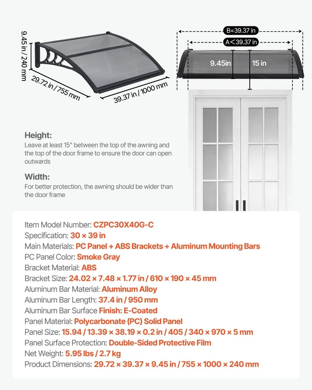 Alt view image 7 of 8 - VEVOR Awnings for Door Entrance, 30 x 39 in, Exterior Front Door Window Awnings with Drainage & ABS Bracket, Rain Snow Sun Protection, Overhang Polycarbonate Door Canopy for Porch Patio, Smoky Gray