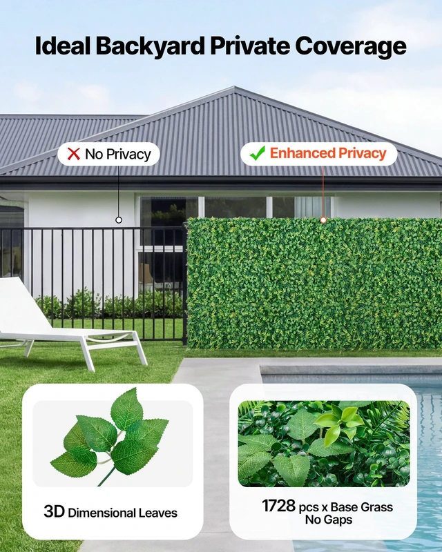 Alt view image 3 of 8 - VEVOR Artificial Plant Wall, 4 PCS, Each Panel 2 x 8 ft Artificial Boxwood Panels, Sun Protection Greenery Backdrop Privacy Hedge Fence, Fake Grass Screen for Wedding, Indoor, Outdoor Garden, Backyard
