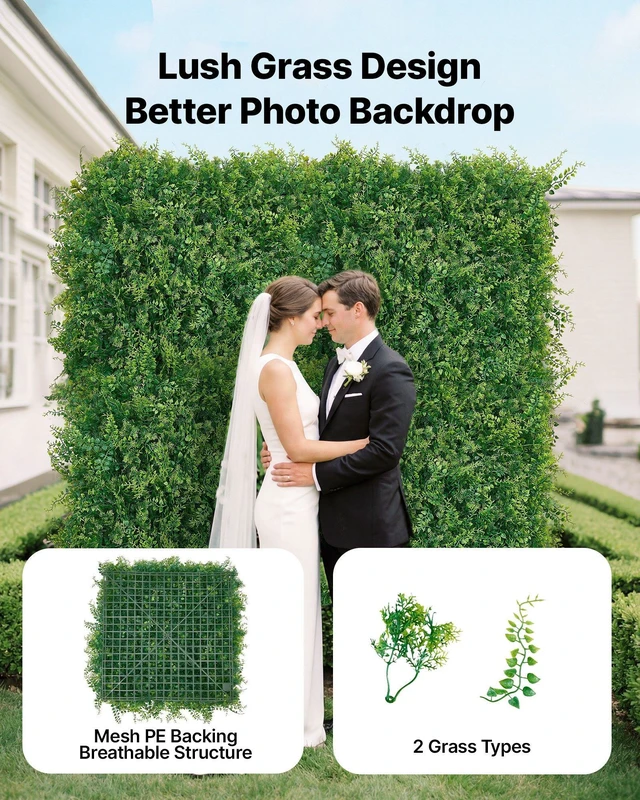 Alt view image 2 of 8 - VEVOR Artificial Plant Wall, 12PCS 20 x 20 in Artificial Boxwood Panels, Sun Protection Greenery Backdrop Privacy Hedge Fence, Fake Grass Screen for Wedding, Indoor, Outdoor Garden, Backyard