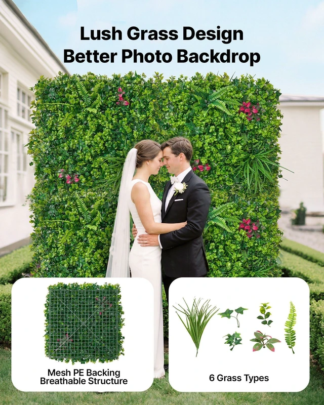 Alt view image 2 of 8 - VEVOR Artificial Plant Wall, 16PCS 20 x 20 in Artificial Boxwood Panels, Greenery Backdrop Privacy Hedge Fence with Sun Protection, Fake Grass Wall Screen for Wedding, Indoor, Outdoor Garden, Backyard