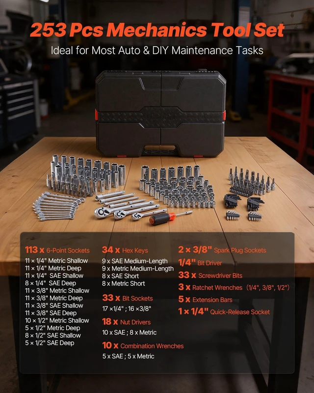 Alt view image 3 of 8 - VEVOR Mechanics Tool Set, 253-Piece Mechanic Tool Kit, 1/4 in, 3/8 in, and 1/2 in Drive, SAE and Metric Socket Set, Wrenches, Screwdriver Bits, Accessories, and Storage Case, for Automotive Repair