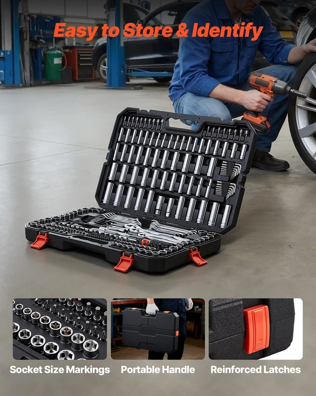 Alt view image 7 of 8 - VEVOR Mechanics Tool Set, 253-Piece Mechanic Tool Kit, 1/4 in, 3/8 in, and 1/2 in Drive, SAE and Metric Socket Set, Wrenches, Screwdriver Bits, Accessories, and Storage Case, for Automotive Repair