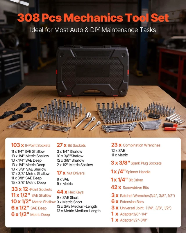 Alt view image 2 of 7 - VEVOR Mechanics Tool Set, 308-Piece Mechanic Tool Kit, 1/4 in, 3/8 in, and 1/2 in Drive, SAE and Metric Socket Set, Wrenches, Screwdriver Bits, Accessories, and Storage Case, for Automotive Repair