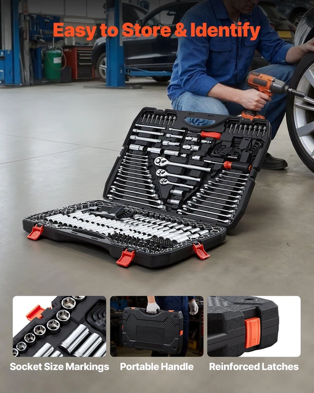 Alt view image 6 of 7 - VEVOR Mechanics Tool Set, 308-Piece Mechanic Tool Kit, 1/4 in, 3/8 in, and 1/2 in Drive, SAE and Metric Socket Set, Wrenches, Screwdriver Bits, Accessories, and Storage Case, for Automotive Repair