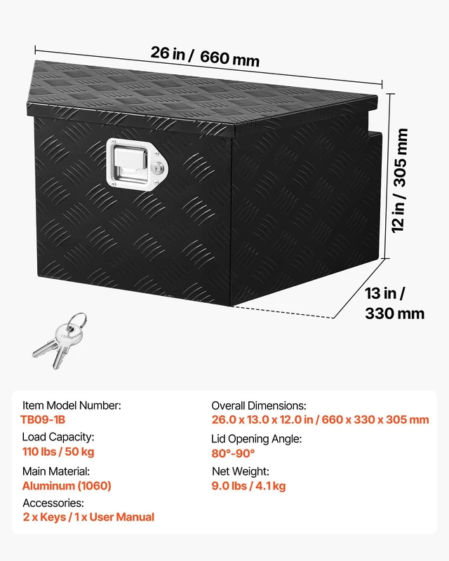 Alt view image 7 of 8 - VEVOR Trailer Tongue Box, 26" x 13" x 12" Aluminum Trailer Tongue Tool Box, Heavy Duty Storage Organizer with Lock and Keys, Utility Tool Chest for Pickup Truck Bed, RV, SUV, Off-Road Vehicle, Black