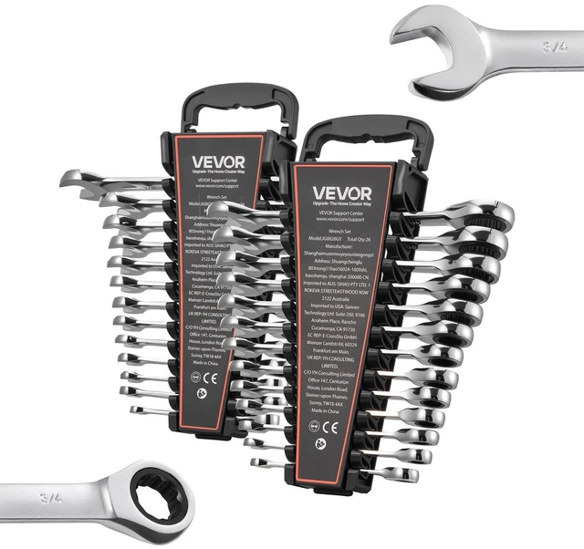 Main image of VEVOR Combination Wrench Set, 26-Piece SAE and Metric, 72 Teeth, Cr-V Steel Ratcheting Wrench Set, with Rack Organizer, Open End, Clear Size Labels, for General Household, Automotive Repairs, Silver