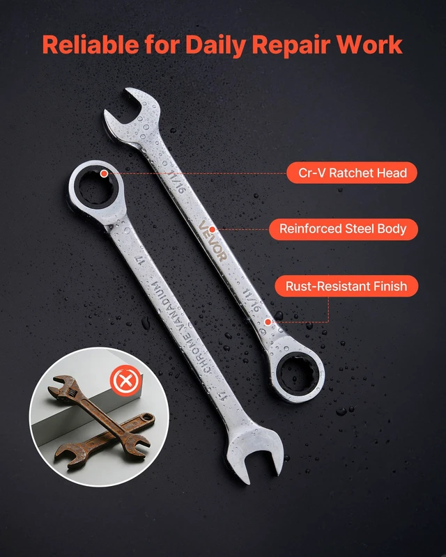 Alt view image 5 of 8 - VEVOR Combination Wrench Set, 26-Piece SAE and Metric, 72 Teeth, Cr-V Steel Ratcheting Wrench Set, with Rack Organizer, Open End, Clear Size Labels, for General Household, Automotive Repairs, Silver