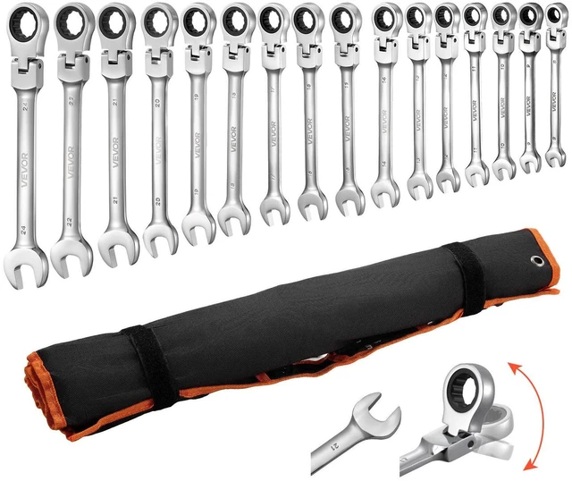 Main image of VEVOR Flex-Head Ratcheting Wrench Set, 30-Piece SAE and Metric, 72 Teeth, Cr-V Steel Ratchet Flexible Combination Wrench Set with Roll Up Pouch, for General Household and Automotive Repairs, Silver