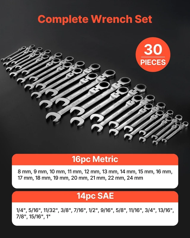 Alt view image 2 of 8 - VEVOR Flex-Head Ratcheting Wrench Set, 30-Piece SAE and Metric, 72 Teeth, Cr-V Steel Ratchet Flexible Combination Wrench Set with Roll Up Pouch, for General Household and Automotive Repairs, Silver