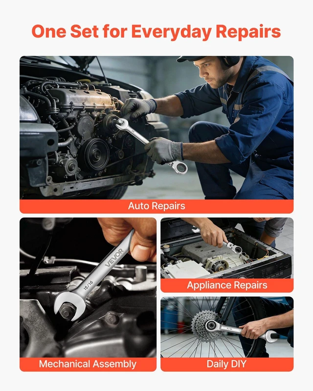 Alt view image 6 of 8 - VEVOR Flex-Head Ratcheting Wrench Set, 30-Piece SAE and Metric, 72 Teeth, Cr-V Steel Ratchet Flexible Combination Wrench Set with Roll Up Pouch, for General Household and Automotive Repairs, Silver