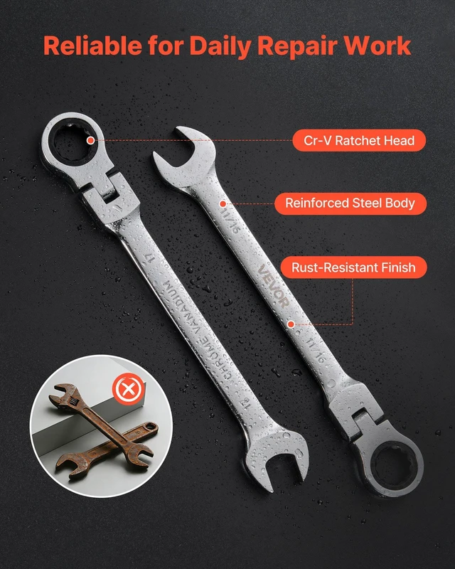 Alt view image 5 of 8 - VEVOR Flex-Head Ratcheting Wrench Set, 30-Piece SAE and Metric, 72 Teeth, Cr-V Steel Ratchet Flexible Combination Wrench Set with Roll Up Pouch, for General Household and Automotive Repairs, Silver