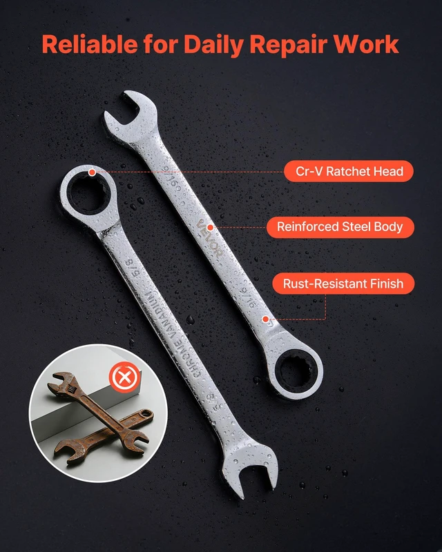 Alt view image 5 of 8 - VEVOR Combination Wrench Set, 16-Piece SAE Sizes, 72 Teeth, Cr-V Steel Ratcheting Wrench Set, with Roll Up Pouch, Open End, Clear Size Labels, for General Household and Automotive Repairs, Silver