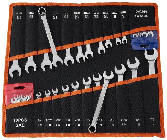 Main image of VEVOR Combination Wrench Set, 42-Piece SAE and Metric, 12-Point Box End and 15° Angled Open End Combination Wrenches with Roll Up Pouch, Carbon Steel, for General Household and Automotive Repairs