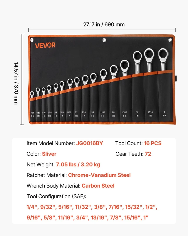Alt view image 7 of 8 - VEVOR Combination Wrench Set, 16-Piece SAE Sizes, 72 Teeth, Cr-V Steel Ratcheting Wrench Set, with Roll Up Pouch, Open End, Clear Size Labels, for General Household and Automotive Repairs, Silver