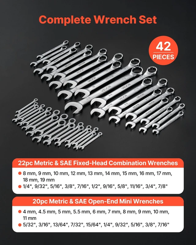 Alt view image 2 of 8 - VEVOR Combination Wrench Set, 42-Piece SAE and Metric, 12-Point Box End and 15° Angled Open End Combination Wrenches with Roll Up Pouch, Carbon Steel, for General Household and Automotive Repairs