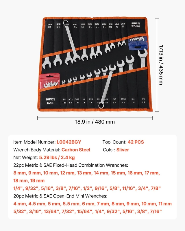 Alt view image 7 of 8 - VEVOR Combination Wrench Set, 42-Piece SAE and Metric, 12-Point Box End and 15° Angled Open End Combination Wrenches with Roll Up Pouch, Carbon Steel, for General Household and Automotive Repairs