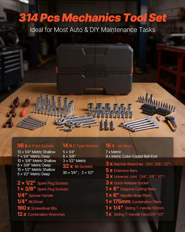Alt view image 3 of 8 - VEVOR Mechanics Tool Set, 314-Piece Mechanic Tool Kit, 1/4 in, 3/8 in, and 1/2 in Drive, Metric Socket Set, Wrenches, Screwdriver Bits, Accessories, and Storage Case, for Automotive and Home Repair
