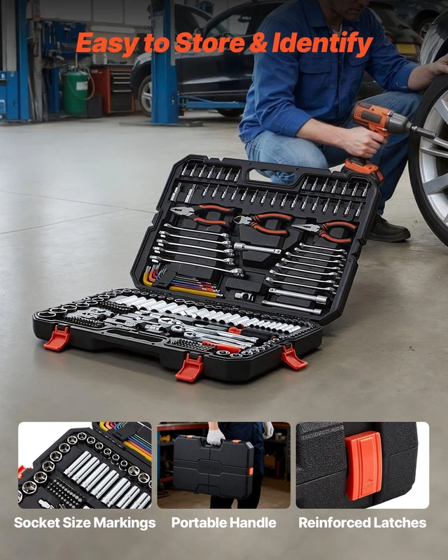 Alt view image 7 of 8 - VEVOR Mechanics Tool Set, 314-Piece Mechanic Tool Kit, 1/4 in, 3/8 in, and 1/2 in Drive, Metric Socket Set, Wrenches, Screwdriver Bits, Accessories, and Storage Case, for Automotive and Home Repair