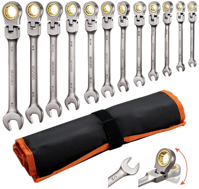 Main image of VEVOR Flex-Head Ratcheting Wrench Set, 12-Piece SAE Sizes, 72 Teeth, Cr-V Steel Ratchet Flexible Combination Wrench Set with Roll Up Pouch, for General Household and Automotive Repairs, Gray Nickel