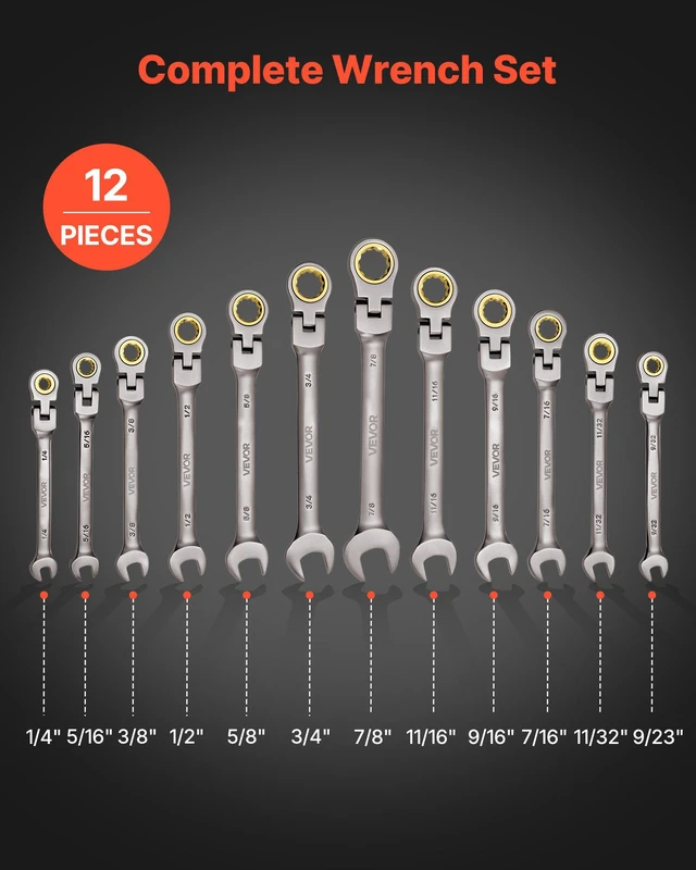 Alt view image 2 of 8 - VEVOR Flex-Head Ratcheting Wrench Set, 12-Piece SAE Sizes, 72 Teeth, Cr-V Steel Ratchet Flexible Combination Wrench Set with Roll Up Pouch, for General Household and Automotive Repairs, Gray Nickel