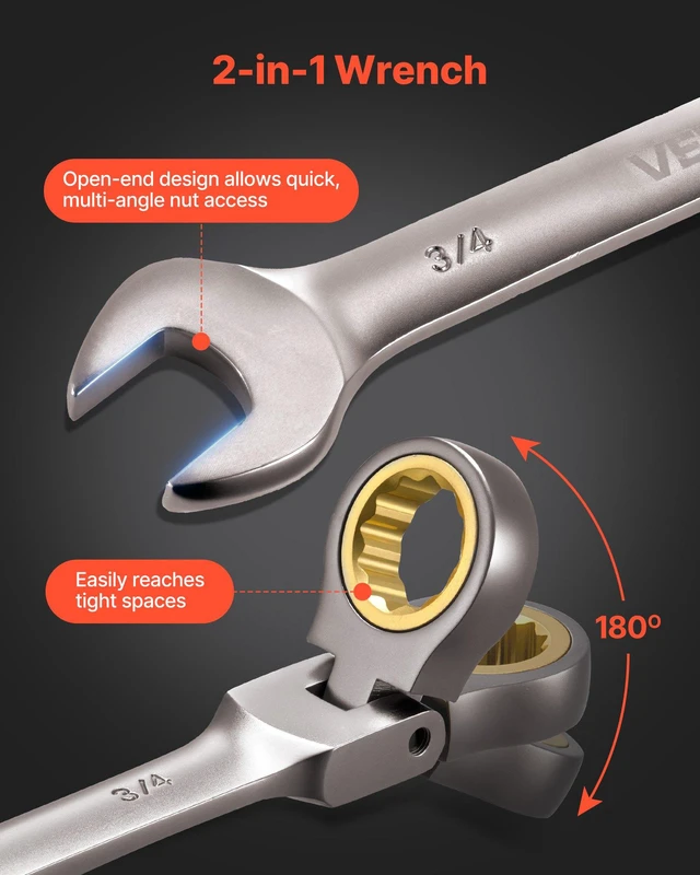 Alt view image 4 of 8 - VEVOR Flex-Head Ratcheting Wrench Set, 12-Piece SAE Sizes, 72 Teeth, Cr-V Steel Ratchet Flexible Combination Wrench Set with Roll Up Pouch, for General Household and Automotive Repairs, Gray Nickel
