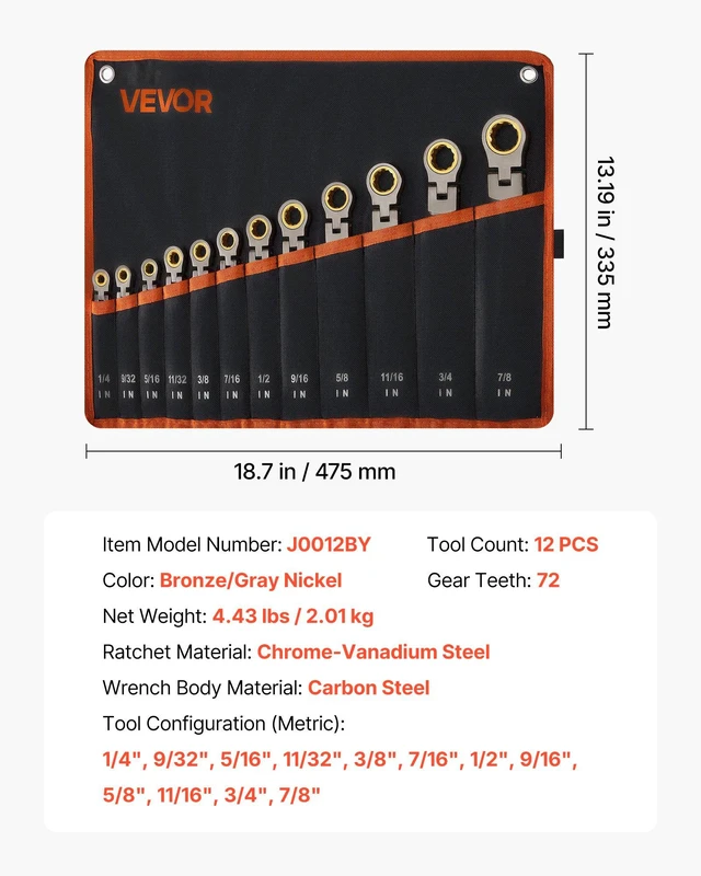 Alt view image 7 of 8 - VEVOR Flex-Head Ratcheting Wrench Set, 12-Piece SAE Sizes, 72 Teeth, Cr-V Steel Ratchet Flexible Combination Wrench Set with Roll Up Pouch, for General Household and Automotive Repairs, Gray Nickel