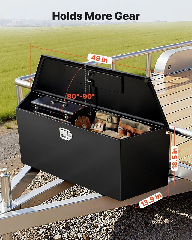 Alt view image 2 of 8 - VEVOR Trailer Tongue Box, 49" x 13.9" x 18.5" Steel Trailer Tongue Tool Box, Heavy Duty Storage Organizer with Lock and Keys, Utility Tool Chest for Pickup Truck Bed, RV, SUV, Off-Road Vehicle, Black